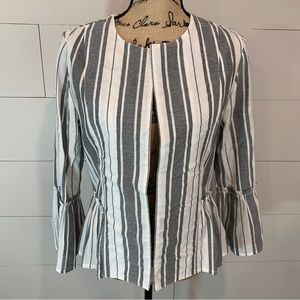 a. moon Gray & White Striped Bell Sleeve Open Front Cotton Blazer Jacket